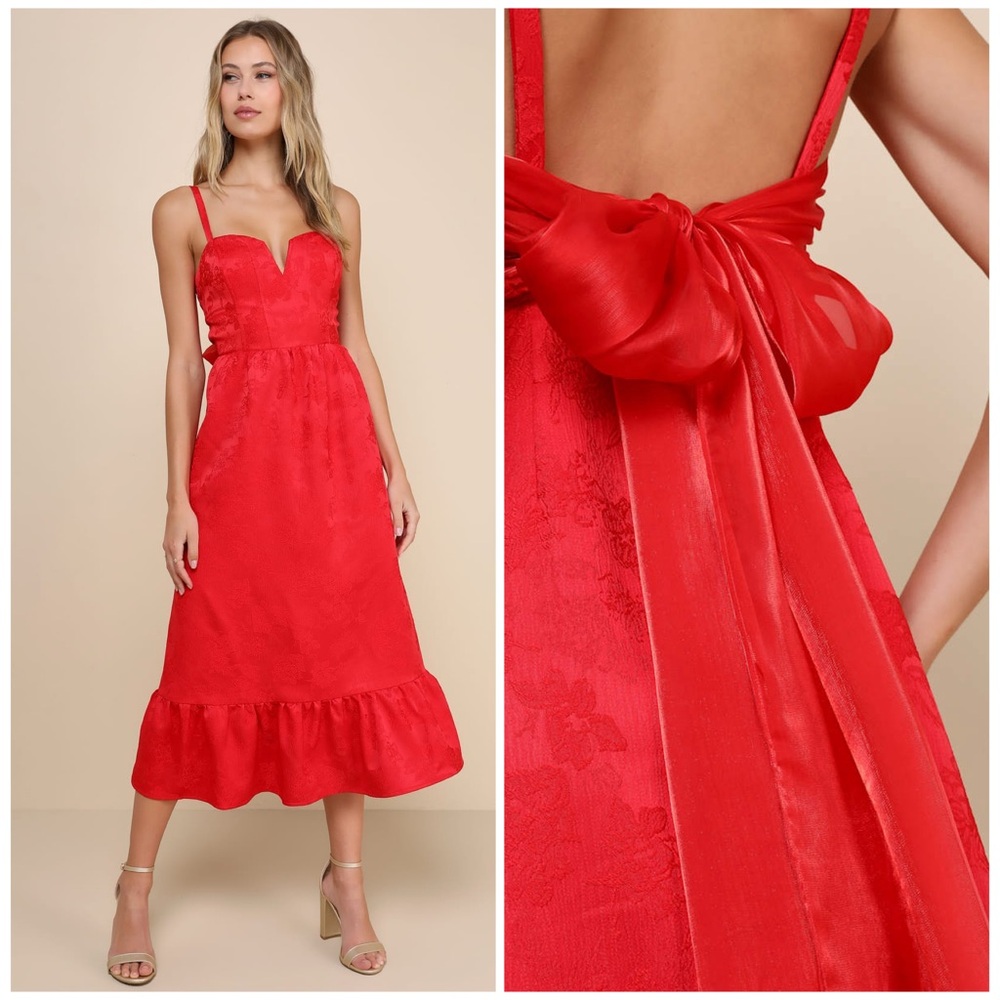 LULUS NWT S XS Major Perfection Red Jacquard Midi Pocket Dress • Organza Bow